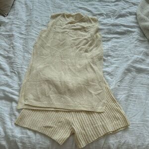 Summer Knit Sweater Set Two Piece Sleeveless Tunic Tank Top Matching Shorts